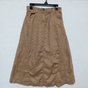 Isabella Bird Maxi Skirt Women's 8 100% Linen Khaki 34 Length Button Front Boho